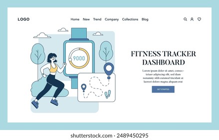Concepto de Tecnología de bienestar. Un corredor ve sus pasos conseguidos en una interfaz de App de seguimiento de fitness. Monitoreo de salud y seguimiento de objetivos. Ilustración vectorial.