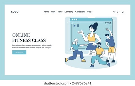 Wellness technology concept. People engaging in an online fitness class via digital screen, staying fit at home. Health routine adjustment. Vector illustration.