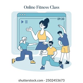 Wellness Technology concept. People participate in an online fitness class, staying active remotely. Exercise, digital interaction, and health. Vector illustration.