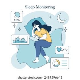 Wellness Technology concept. Woman using sleep monitoring devices ensuring restful sleep and health tracking. Digital health data, comfortable bedtime setting. Vector illustration.