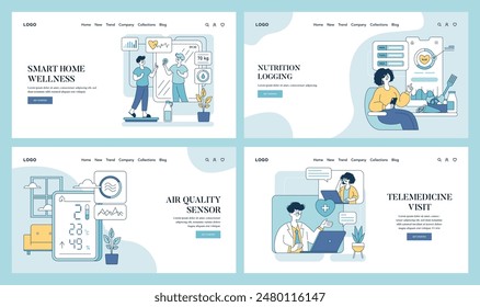 Wellness technology set. Digital health tools for sleep, fitness, and meditation. Integrating technology in healthcare. Vector illustration.