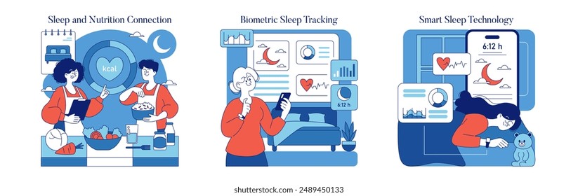 Wellness Technology set. Exploring the intersection of sleep, diet, and health through tech. Monitoring rest, nutrition intake, and sleep patterns. Vector illustration.