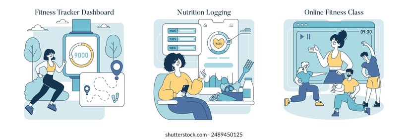 Wellness Technology set. Integrated health tracking, dietary planning, and virtual workout sessions. Modern lifestyle fitness management. Vector illustration.