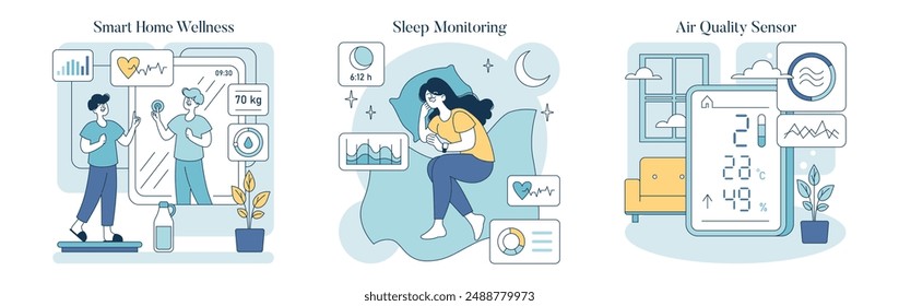 Wellness technology set. Monitoring health, sleep, and air quality with smart devices at home. Convenient digital healthcare integration. Vector illustration.