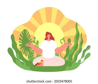 Wellness therapy. Harmonious yoga girl, health balance or meditation on sun background. Treatment on nature, soul mind relax utter vector concept