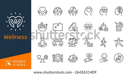 Wellness thin line icon collection for health, mindfulness, balance and self-care concept. Editable stroke. Pixel perfect.
