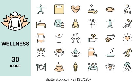 Conjunto de iconos de línea delgada de bienestar. Contiene spa, yoga, masaje, dieta, ejercicio, bienestar y más. Ilustración vectorial de color