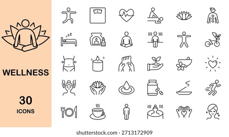 Wellness thin line icon set. Containing spa, yoga, massage, diet, exercise, wellbeing and more. Vector illustration