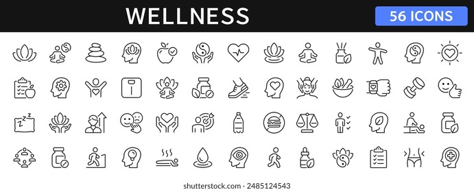 Wellness thin line icons set. Relaxation, massage, yoga, spa, meditation, health, wellbeing editable stroke icon. Vector