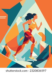 Wellness topic,exercise themes,geometric shape,young woman jogging, Running woman,Marathon run, vector image