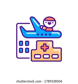 Wellness tourism line color icon. Cute character on plane kawaii pictogram. Sign for web page, mobile app, button, logo. Vector isolated element. Editable stroke