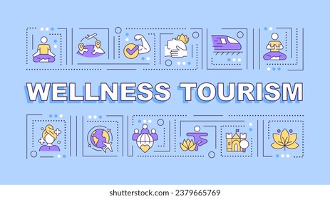 Wellness-Tourismus-Text mit verschiedenen dünnen Linien Icons Konzept auf blauem monochromatischem Hintergrund, bearbeitbare 2D Vektorgrafik.