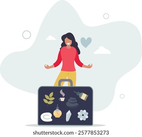 Wellness tourism and travel for healthcare and relaxation.Vacation to SPA services, aroma therapy or alternative medicine practices.flat characters.