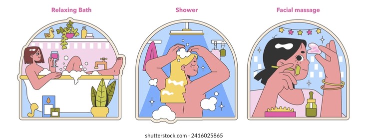 Wellness trio set. Savoring a relaxing bath, enjoying a refreshing shower, and indulging in a facial massage. Self-care practices for relaxation and rejuvenation. Flat vector illustration.