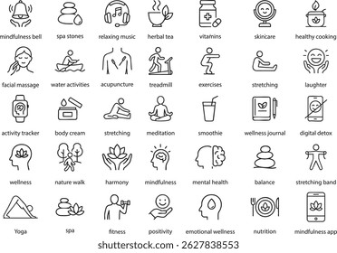 Wellness Vector Icons: Mindfulness, Spa, Fitness and More, Isolated on White Background