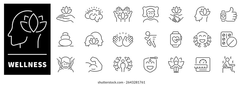 Wellness vector icons. Thin line icons related to wellness and mental health. Wellness vector icons in line style