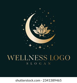 Wellness vector logo design. Moon crescent and lotus flower vector emblem.