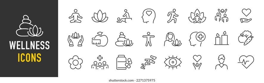 Wellness web icon set in line style. Relaxation, spa, sleep, yoga, health, lifestyle, spiritual practice, meditation, collection. Vector illustration.