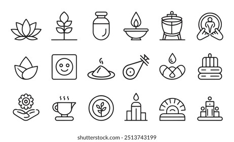 Ícone da Web de bem-estar definido no estilo de linha. Relaxamento, spa, sono, ioga, saúde, estilo de vida, prática espiritual, meditação ícone relacionado conjunto vetor plano ilustração