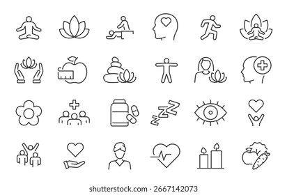 Conjunto de iconos de Web de bienestar en estilo de línea. Relajación, spa, sueño, yoga, salud, estilo de vida, práctica espiritual, meditación, colección. Ilustración vectorial.	