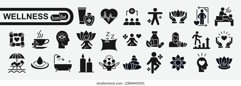 Wellness Web-Icon Set .Entspannung, Spa, Schlaf, Yoga, Gesundheit, Lifestyle, spirituelle Praxis, Meditation, Sammlung. Vektorgrafik.

