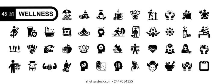 Wellness web icon set Relaxation, spa, sleep, yoga, health, lifestyle, spiritual practice, meditation, collection. Vector illustration.	