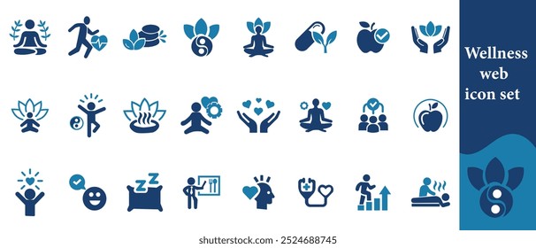 Wellness web icon set. Relaxation, spa, sleep, yoga, health, lifestyle, spiritual practice, meditation, collection. Vector illustration.