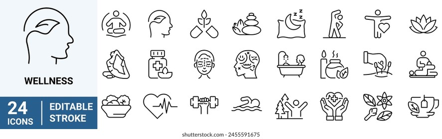 Wellness web line icons. wellbeing, mental health, healthcare, cosmetics, spa, medical. Outline icon collection. Editable stroke. Vector illustration