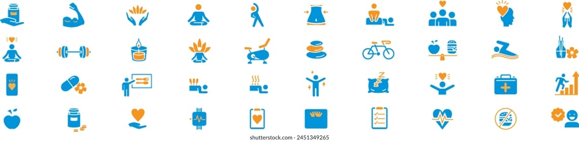 wellness, wellbeing, healthcare, healthy, mental health, spa, medical. Editable stroke icon set illustration collection Vector