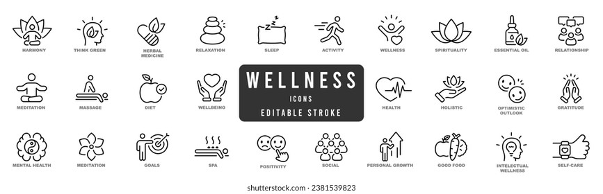 Wellness, wellbeing, mental health, healthcare. Set of line icons. Editable stroke 