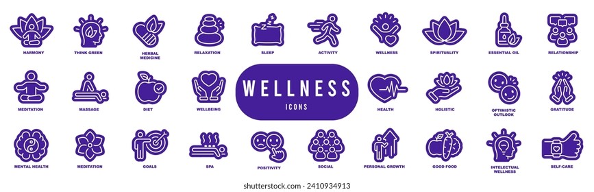 Wellness, wellbeing, mental health, healthcare. Set of line icons