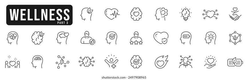 Wellness, wellbeing, mental health, healthcare. Set of line icons. Part 3