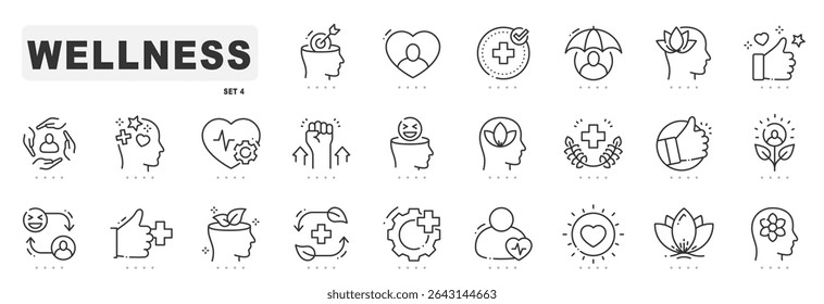 Wellness, wellbeing, mental health, healthcare line icons. Editable stroke