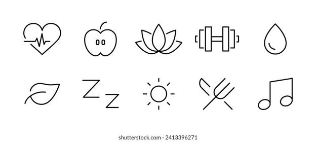 wellness, bienestar, salud mental, medicina, yoga, EPA, relajación, ejercicio, dieta, íconos de línea, ictus editable aislado en blanco, ilustración lineal de contorno vectorial, diseño de logotipo