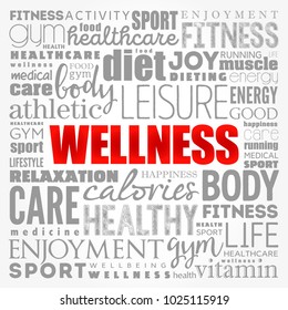 Wellness word cloud collage, health concept background