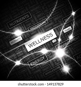 WELLNESS. Word cloud concept illustration. Graphic tag collection. Wordcloud collage with related tags and terms. 