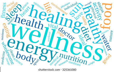 Wellness word cloud on a white background. 
