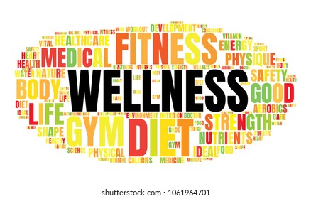 Wellness Word Cloud. Vector Collage Made of Popular Fitness Tags