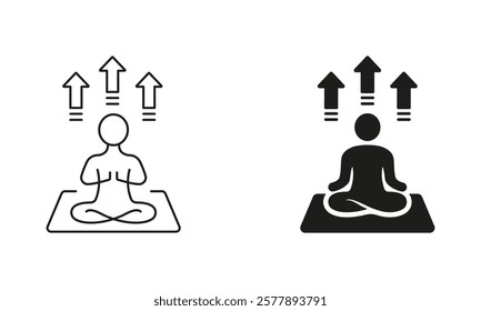 Wellness, Yoga Body Exercise, Fitness Zen Line and Silhouette Icon Set. Human Meditate and Relax. Person Sit in Lotus Pose. Editable Stroke. Isolated Vector Illustration.