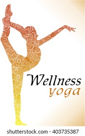 Wellness Yoga. Female silhouette filled with ethnic ornament in the equilibrium position. Background for banners, cards, web design.