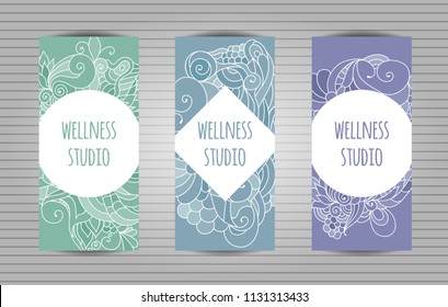 Wellness, yoga and meditation studio long flyer or trifold templates set with zentangle inspired pattern .
