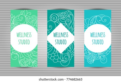 Wellness, yoga and meditation studio long flyer or trifold templates set with zentangle pattern .