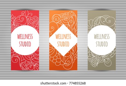 Wellness, yoga and meditation studio long flyer or trifold templates set with zentangle pattern .