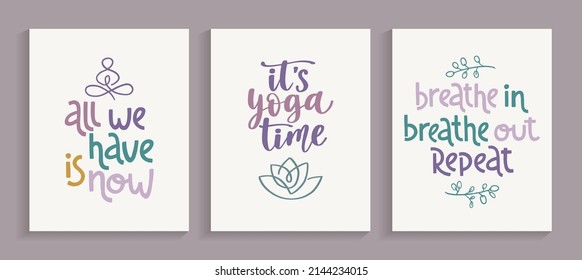 Wellness and yoga posters set. Handwritten lettering positive self-talk inspirational quote. Vector posters with realistic shadows overlays on pastel background for print, cards, banners.