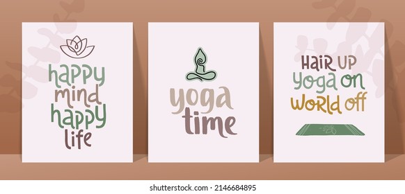 Wellness and yoga posters set. Handwritten lettering positive self-talk inspirational quote. Vector posters with realistic shadows overlays on pastel background for print, cards, banners.