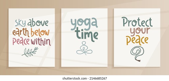 Wellness and yoga posters set. Handwritten lettering positive self-talk inspirational quote. Vector posters with realistic shadows overlays on pastel background for print, cards, banners.