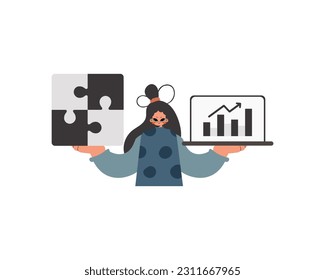The well-off woman is holding a overpower and a positive advancement chart. Thought collect work. Kept. Trendy style, Vector Illustration