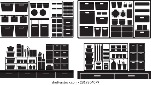 A wellorganized kitchen setup with multiple drawers cabinets and shelves filled with jars bowls utensils and kitchen essentials for efficient cooking and food storage