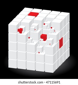 Well-organized located group of cubes of red and white colors  on black background