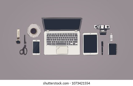 a well-organized workplace , Hand drawing vector Illustration.